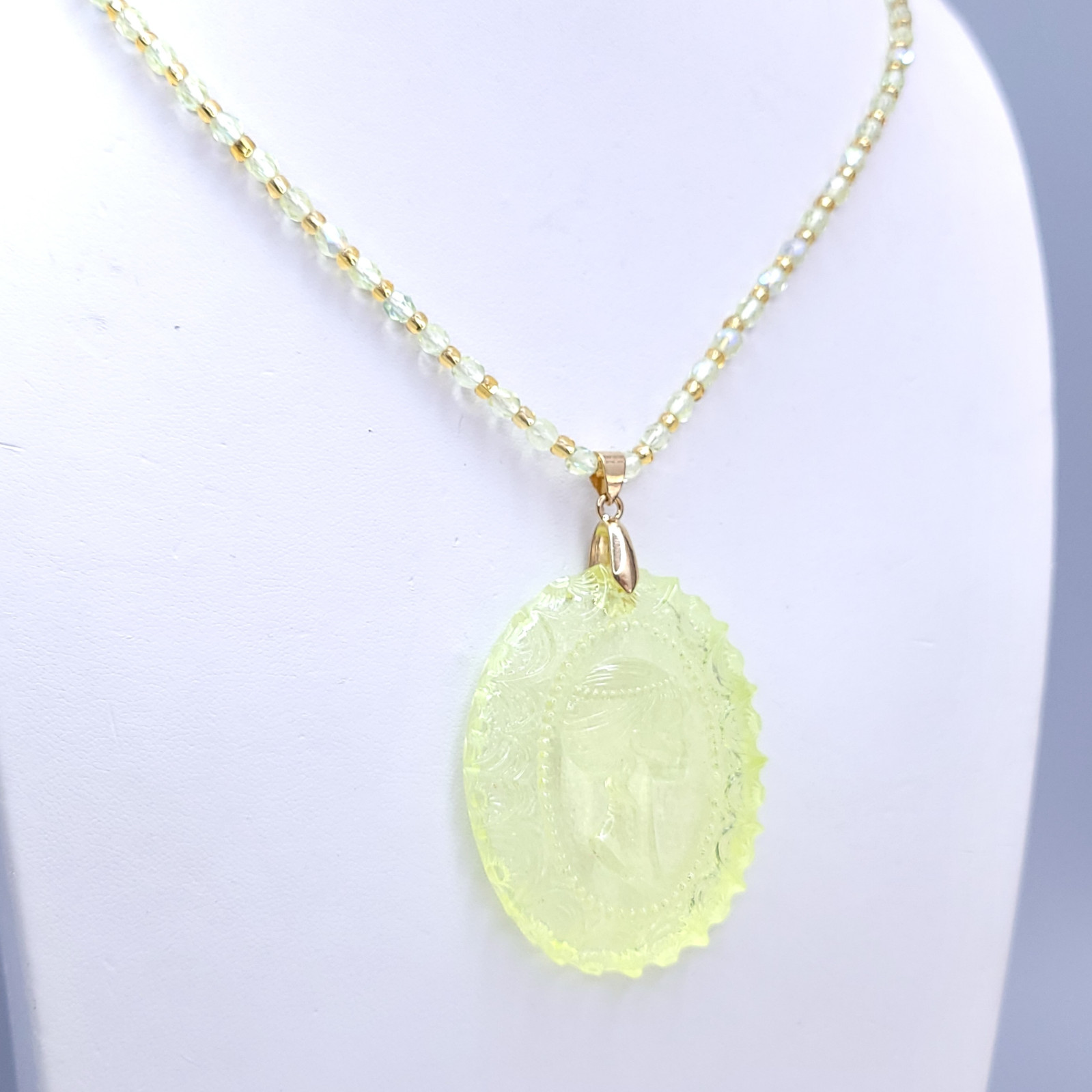 Uranium Glass Necklace 23” Cameo Pendant Vaseline Yellow Czech Beads