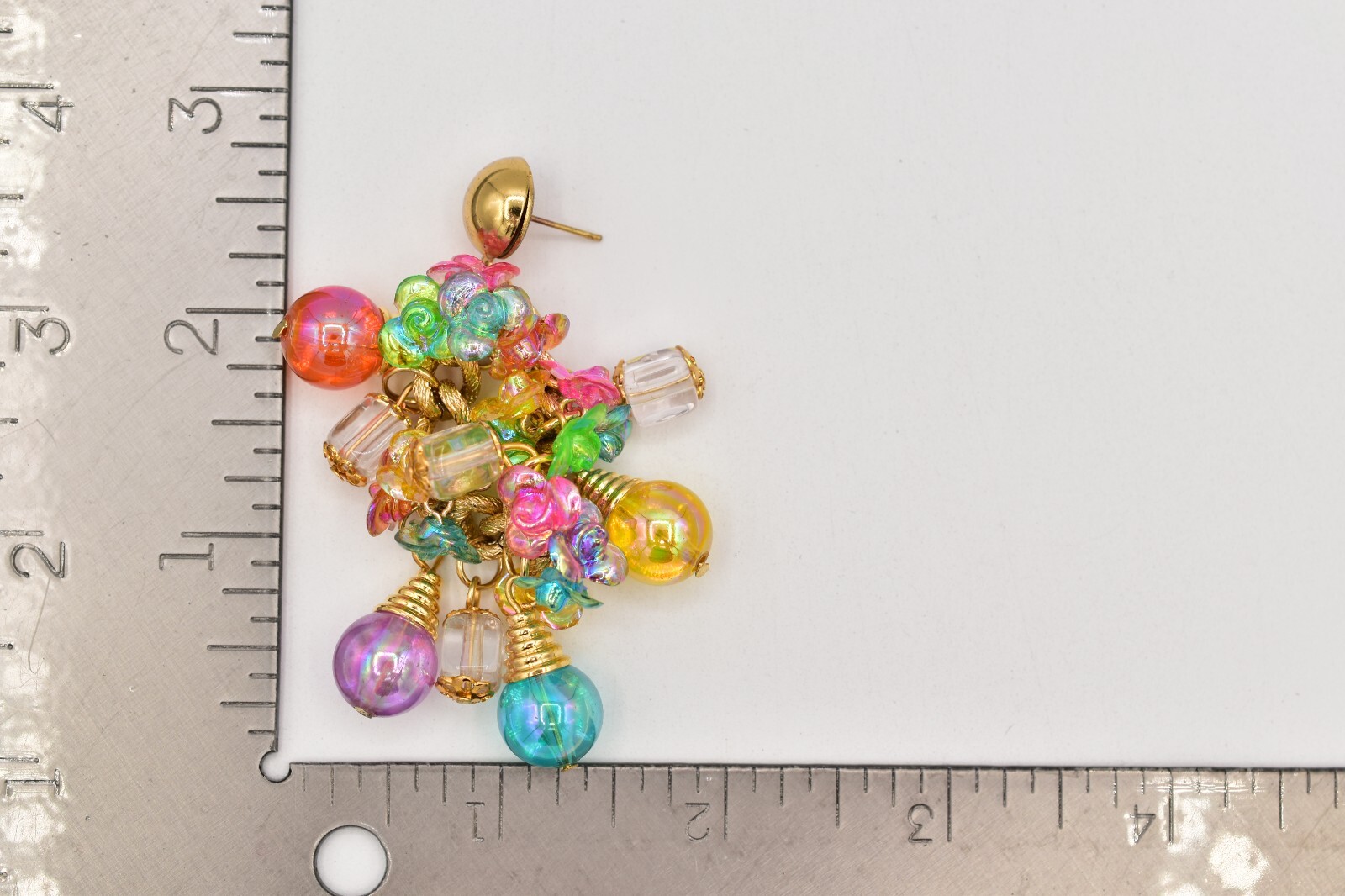 Vintage Ornament Beaded Dangle Earrings Chain Multi-Color Lucite Chunky NOS A28