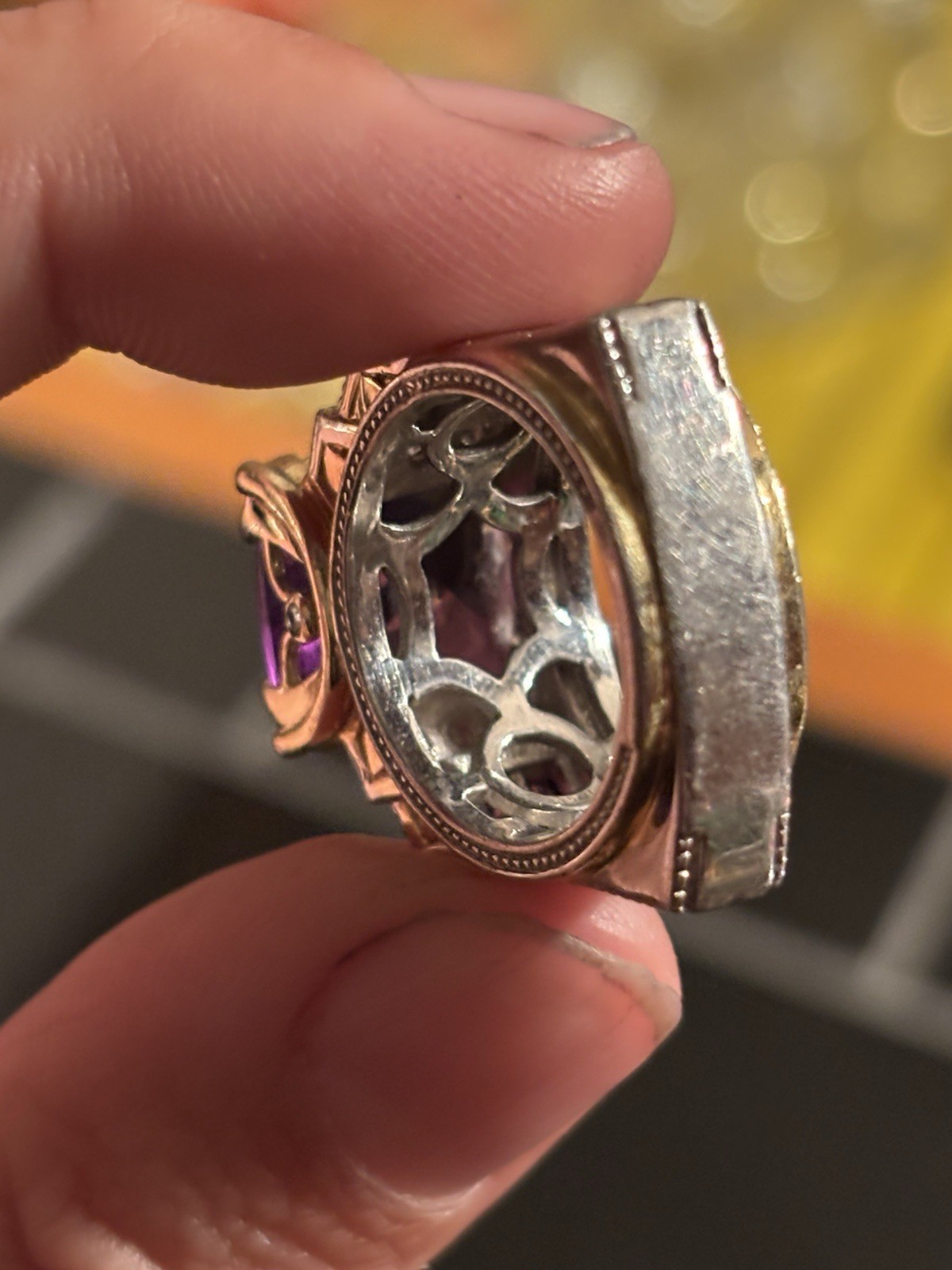 Vintage Chunky Square Two-tone 925 Sterling Silver Amethyst Cocktail Ring sz 6.5