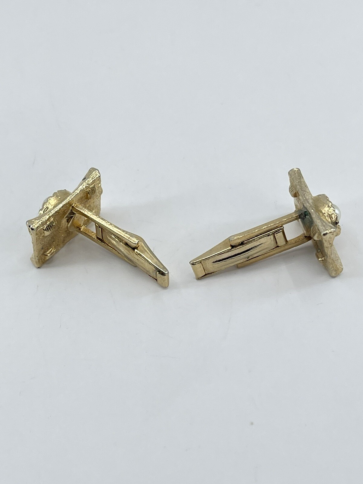 Vintage Faux Pearl mens cufflinks rectangle brushed gold tone concave whale back