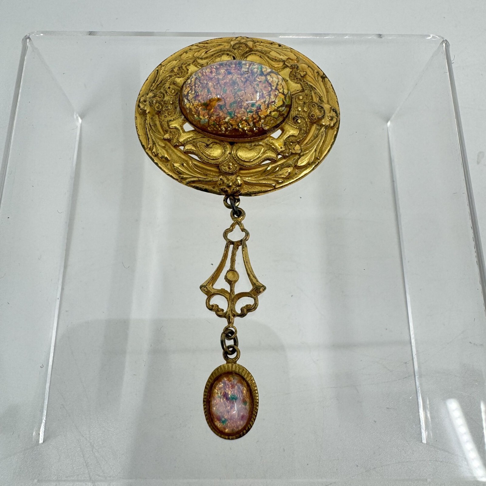 Victorian Revival Czech Foiled Opal Glass Brooch Oval Gold Tone With Dangle 2.5″