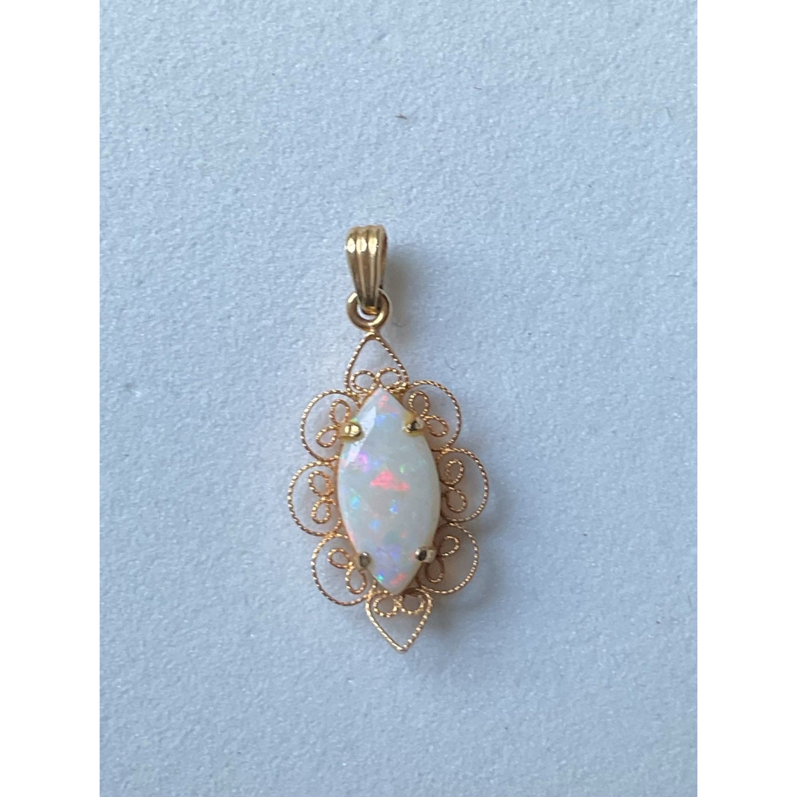 Vintage Faux Fire Opal Filigree Small Necklace Pendant Gold Tone