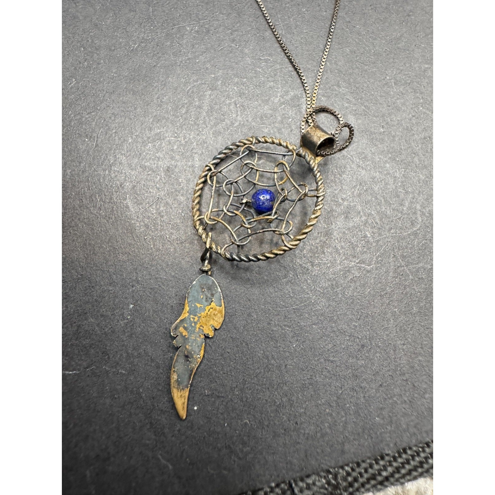 Vintage AGI Italy Signed Sterling Silver 925 Lapis Lazuli Dreamcatcher Necklace