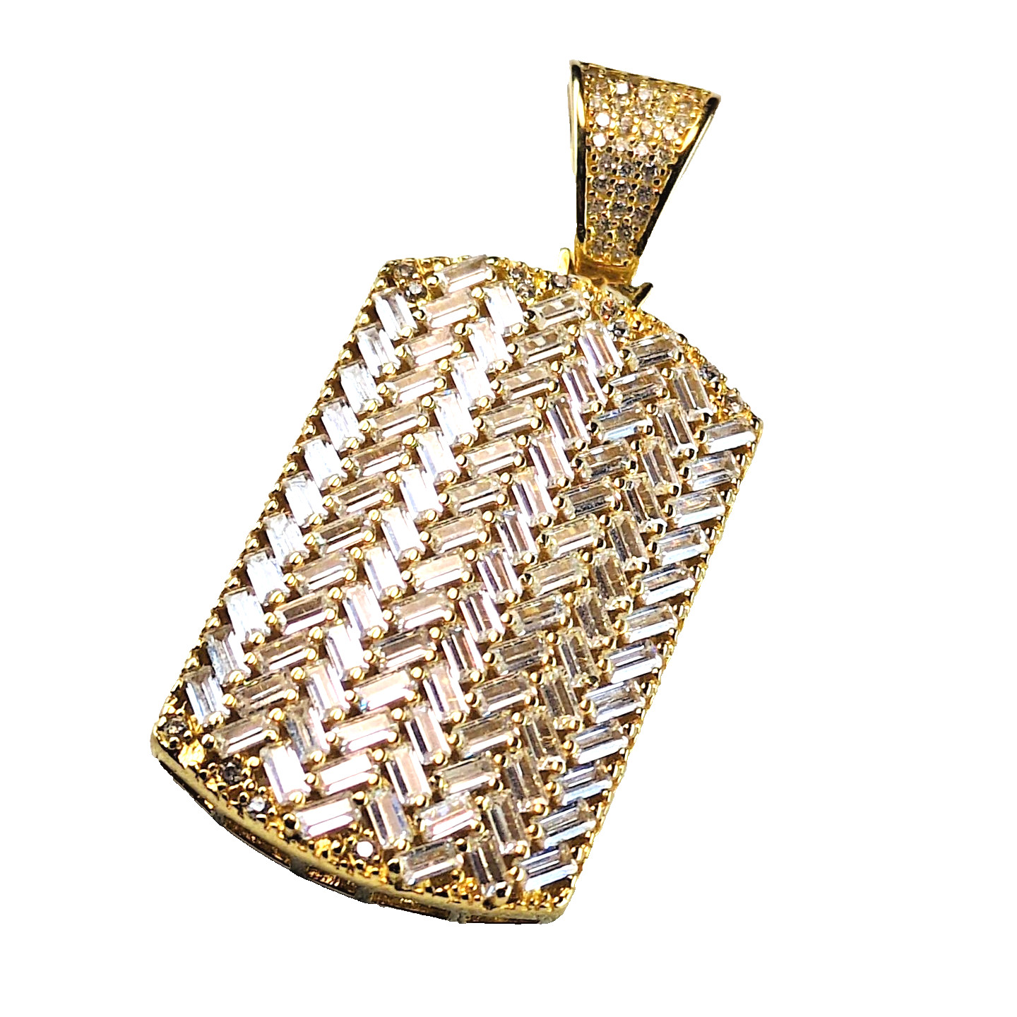 Designer FZN 925 Gold Over Sterling Silver Dog Tag Pendant Gold Baguette CZ
