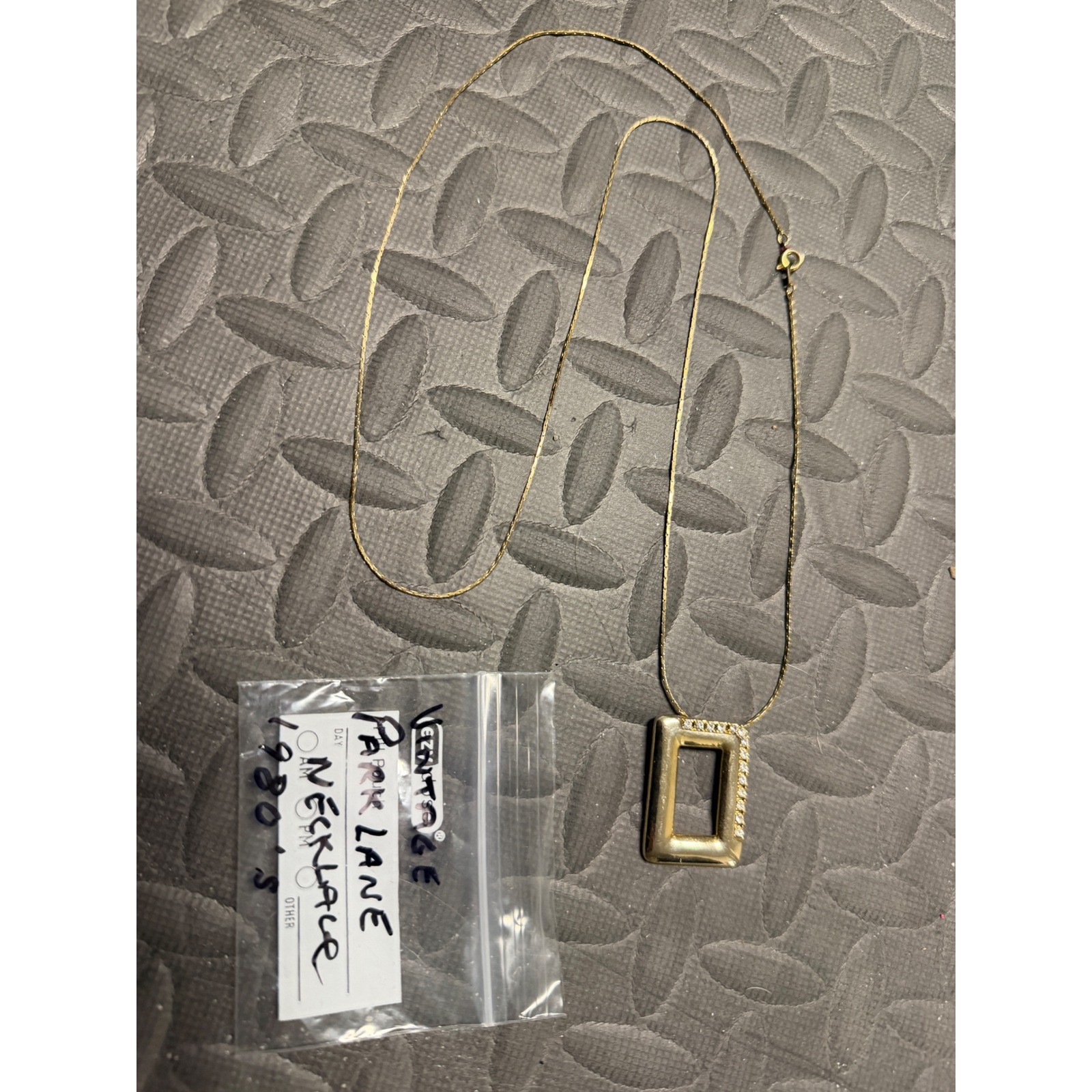 Park Lane Necklace Gold Tone Vintage Rhinestone Rectangle Pendant Signed 80s