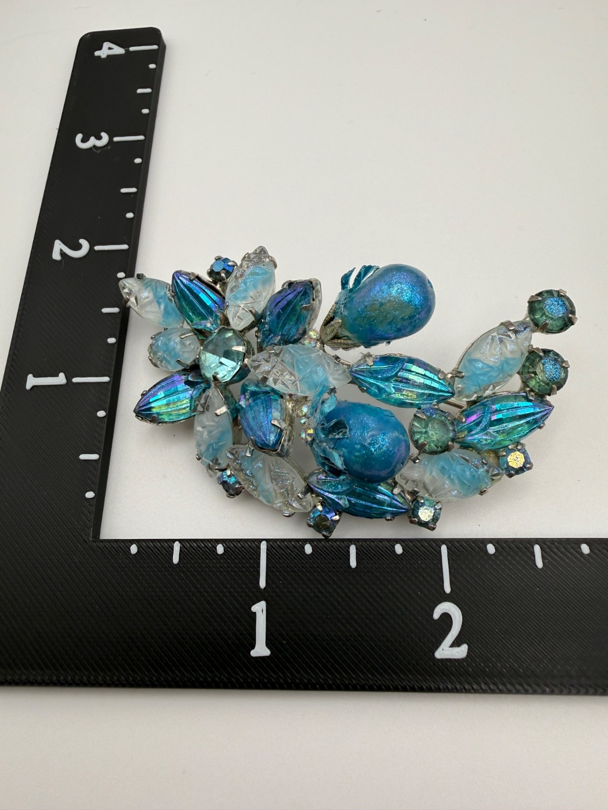 Vintage High End Brooch blue givre glass 3D molded iridescent rhinestones Floral