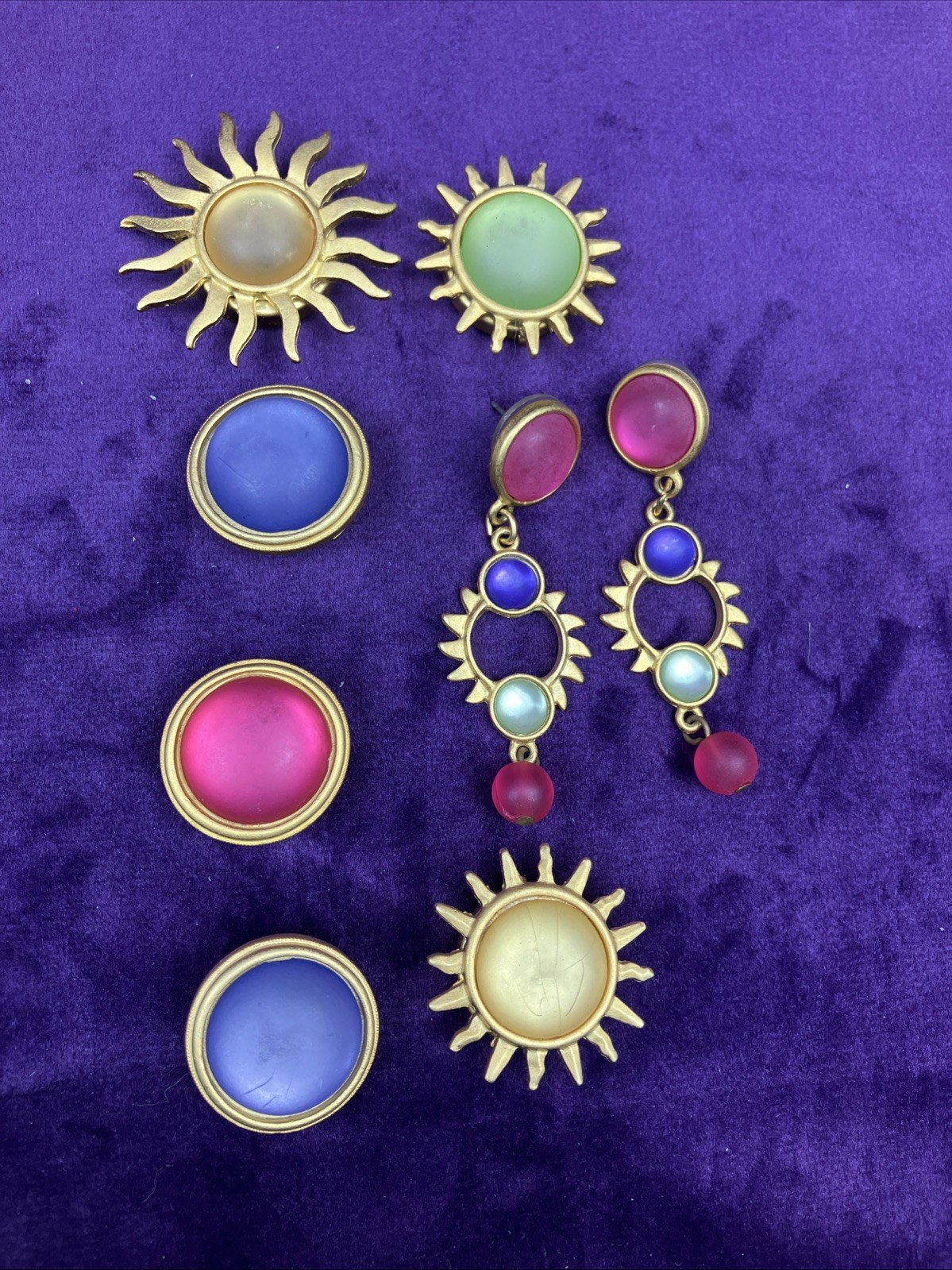 Vintage 1990s Matte Gold Button Cover Earrings Set Sun Celestial