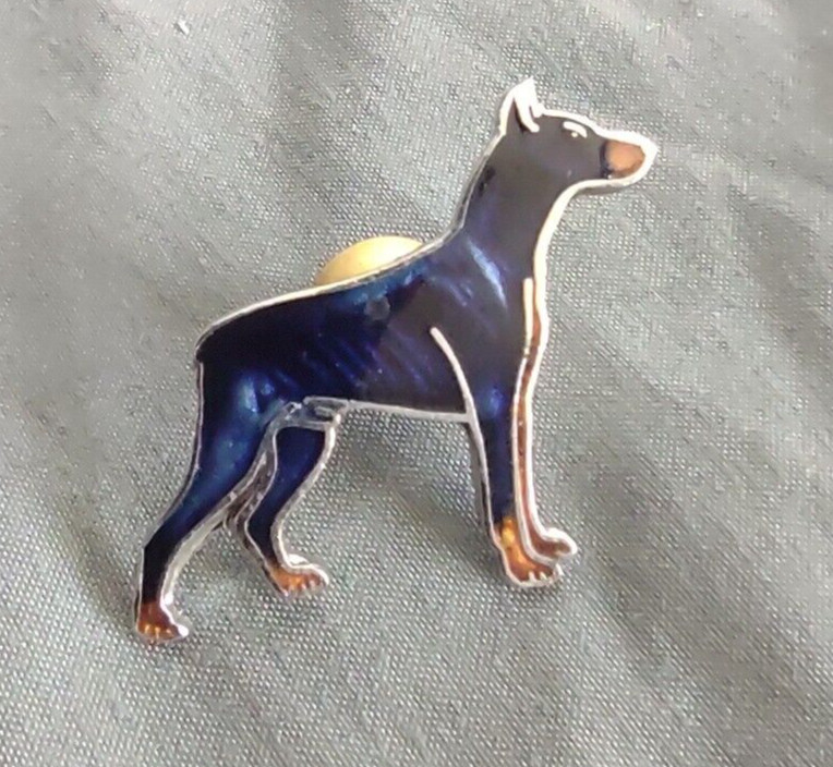 Vintage Mafco Collectible Dog Pin Doberman Brooch Silver Tone Blue Enamel Signed