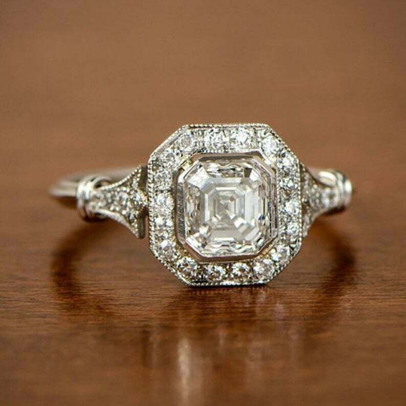 Vintage Art Deco Style Lab Created Diamond Edwardian Engagement 925 Silver Ring