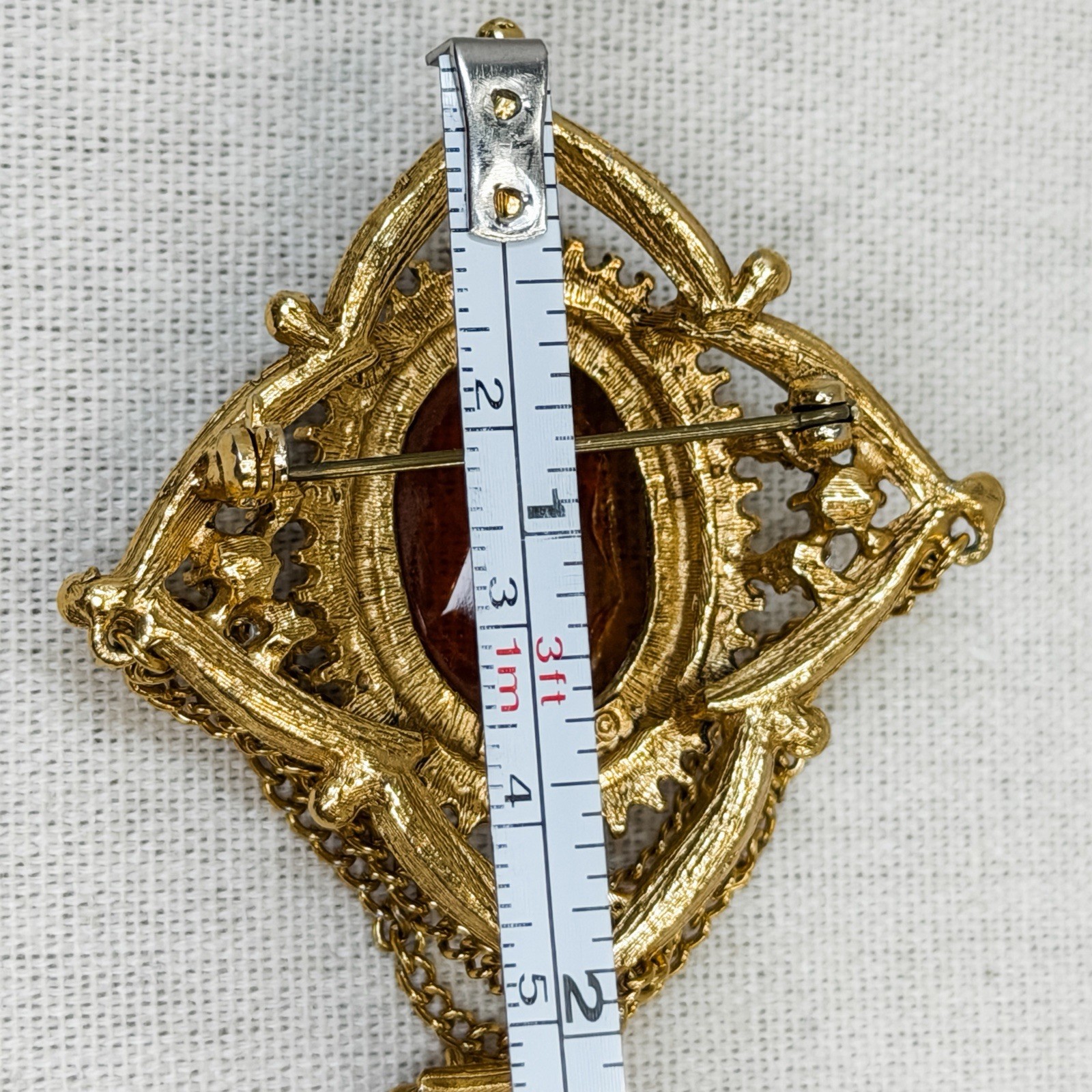 Vintage Florenza Victorian Shield Brooch & Earrings Set Gold Amber Pearl Glass