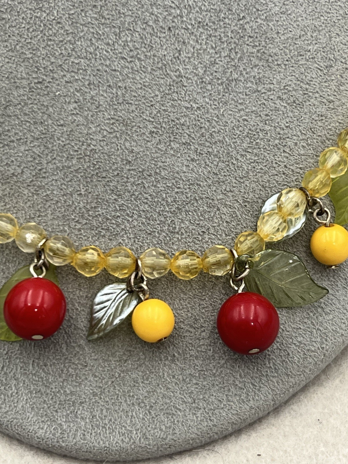 Vintage Fruit Basket Lucite Yellow Beaded Necklace 16 In With Adjustable Chain