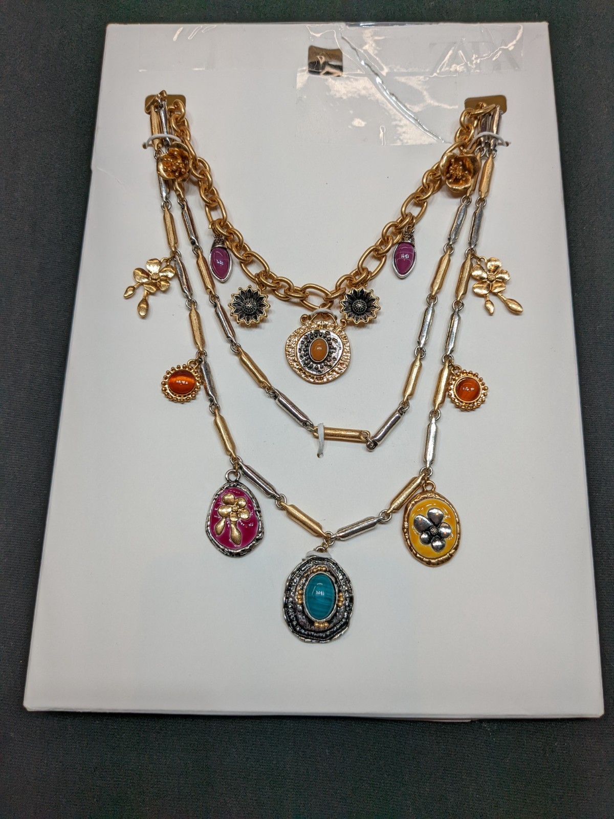 Zara Boho Statement Necklace Mixed Metal Charm Floral Southwest Bib Tribal NEW
