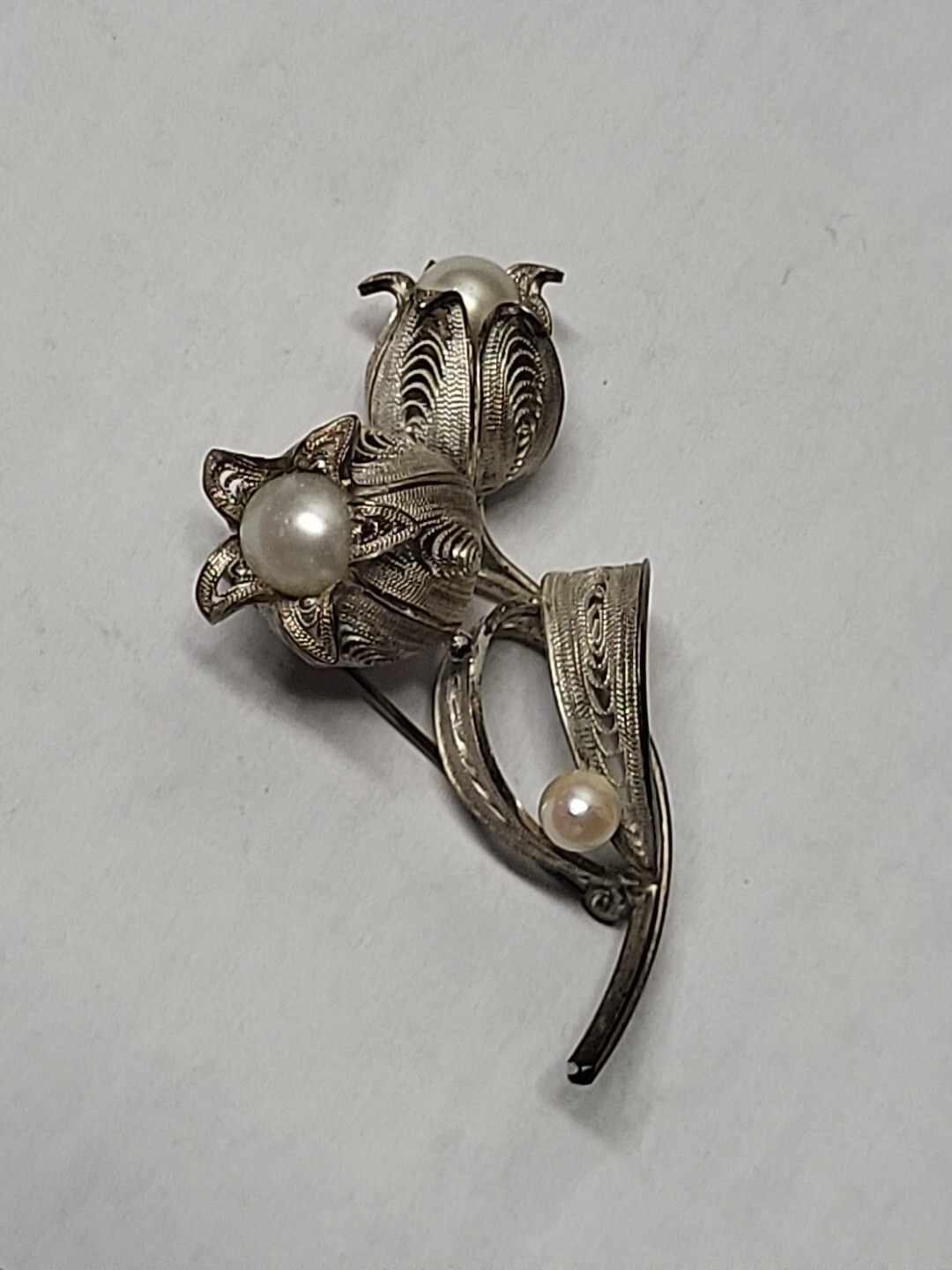 Sterling Silver Filigree Flower Vintage Japanese Akoya Cultured Pearl Brooch