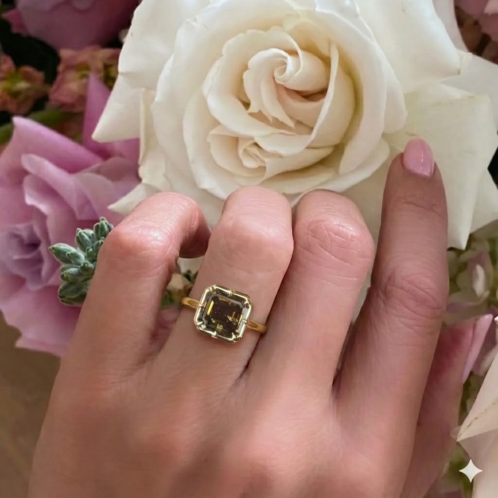 14k Yellow Gold Engagement Ring 4.46ct.Natural Asscher Cut Champagne Diamond