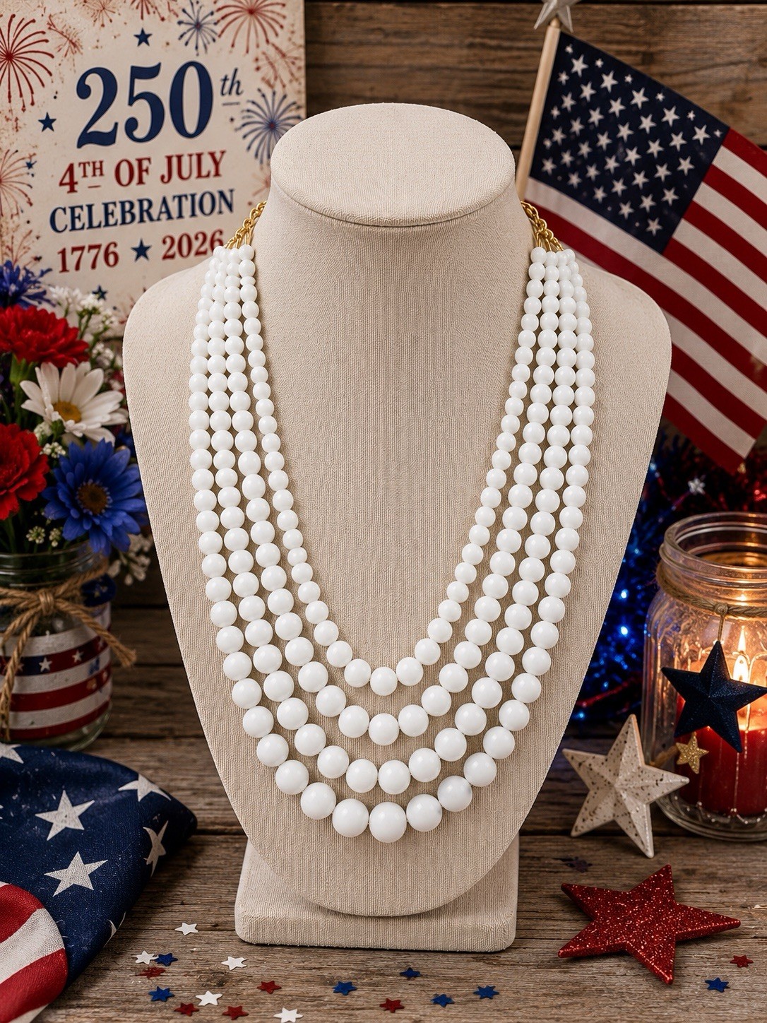 Vintage 1980s White 6 Strand Graduated Acrylic Bead Statement Bib Necklace