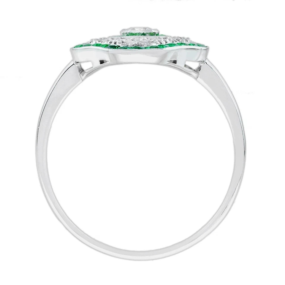 Art Deco Style Lab Created Diamond & Emerald Engagement 14K White Gold FN Ring