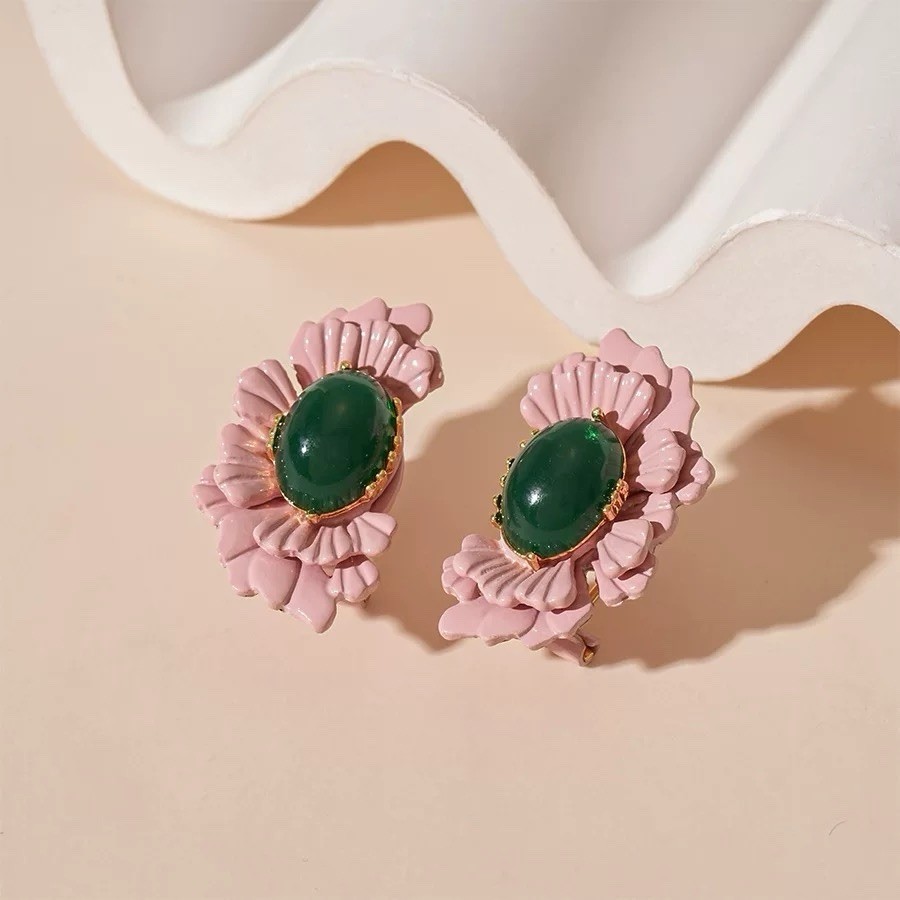 Pink Enamel Floral Earrings with Green Jade-Style Center-Vintage Style