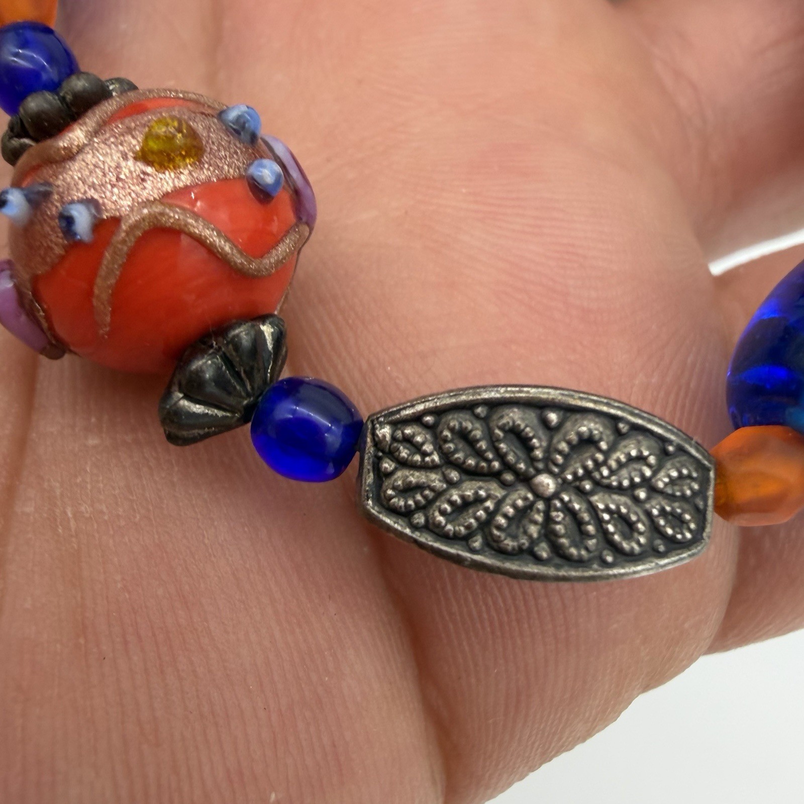 Vintage Wedding Cake Bead Necklace Lamp work Red Orange Cobalt Blue Glass