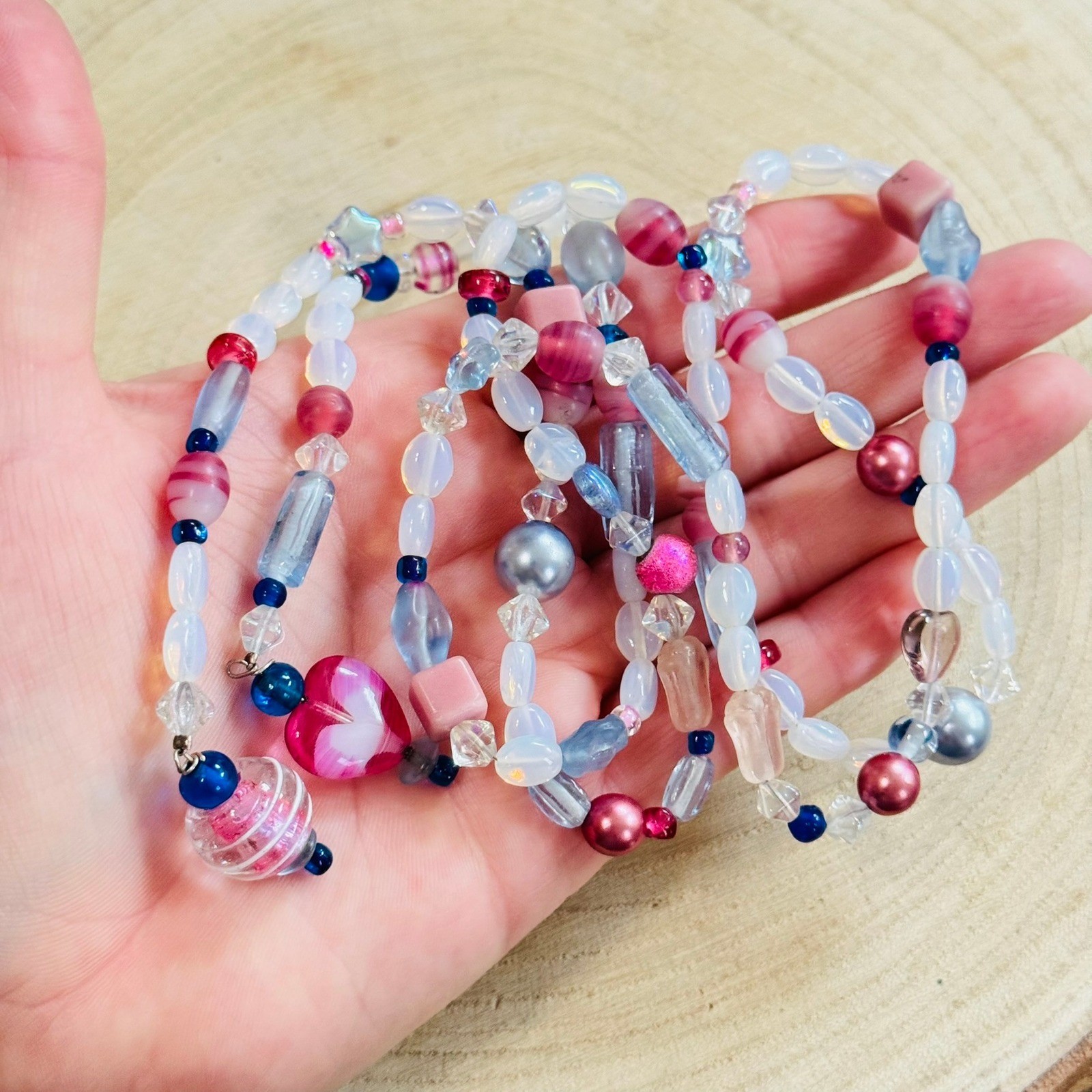 VTG pink Opalescent wrap Necklace Opalite Art Glass Beads moonglow long 38″ rare