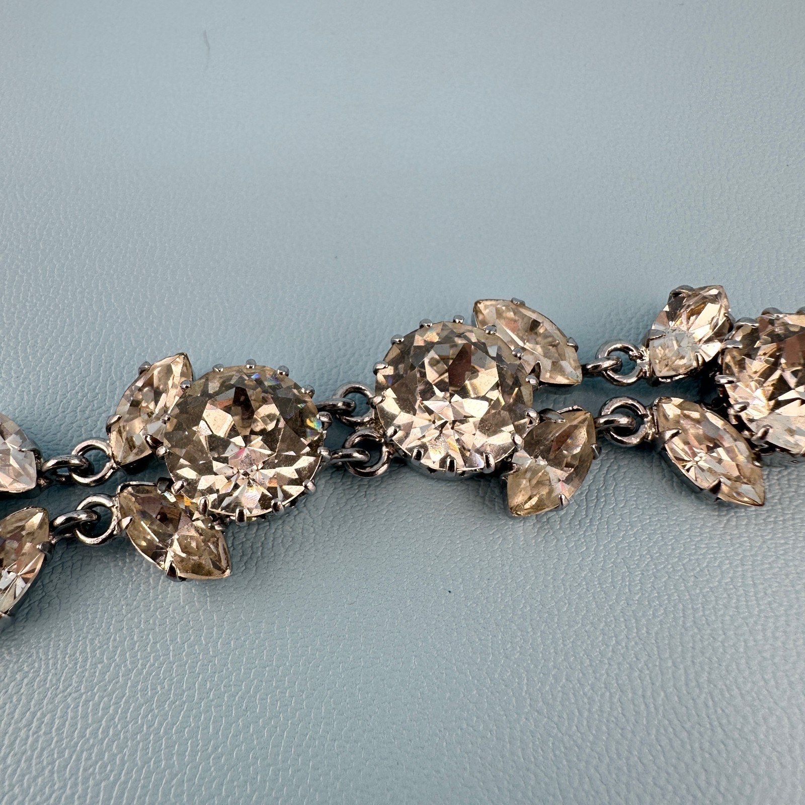 Vintage Austria Crystal Bracelet LG Dentelle Prong Set Silver Tone Safety Chain