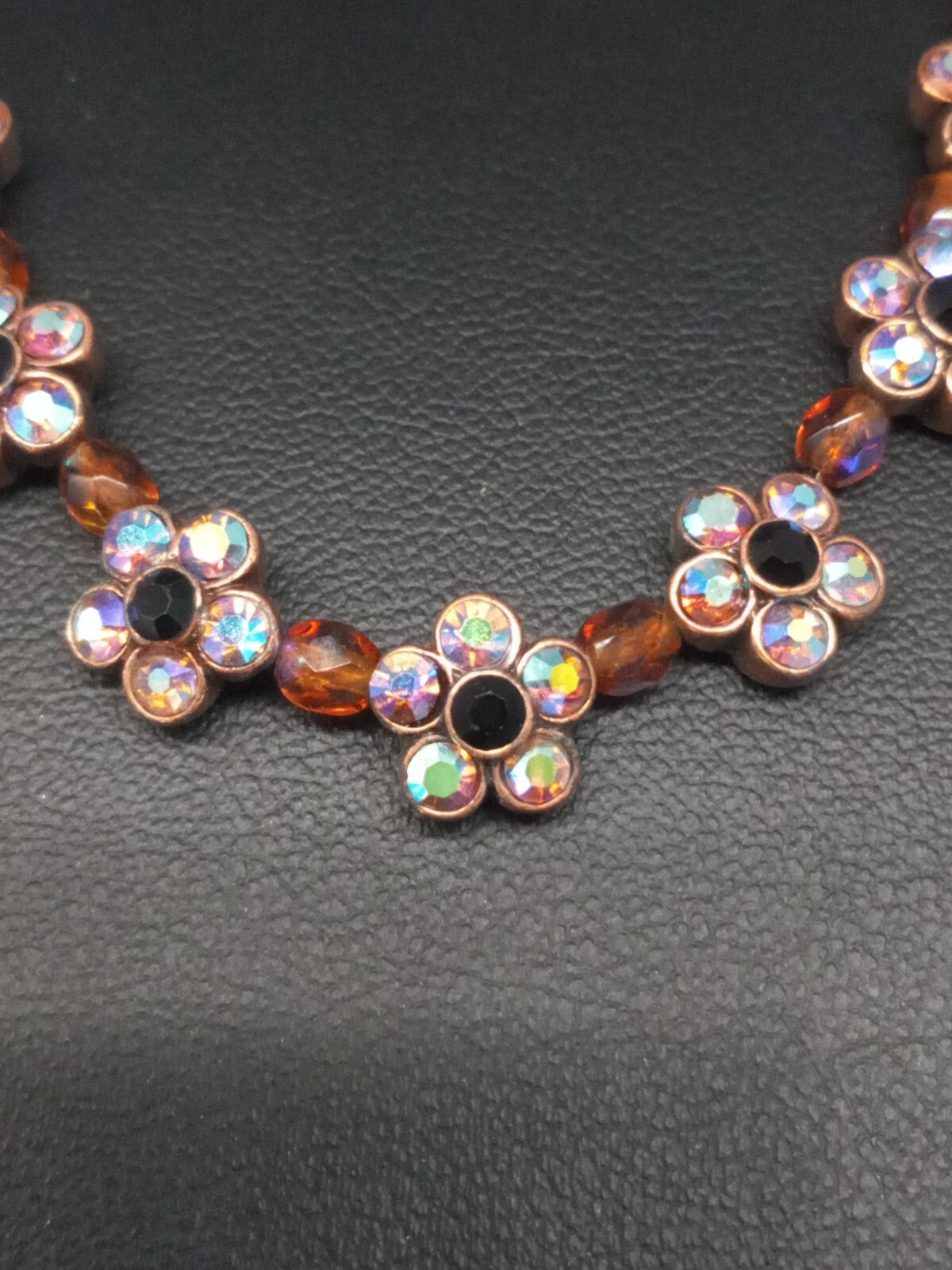 1928 Brand Coppertone AB Rhinestones Flower Design Necklace