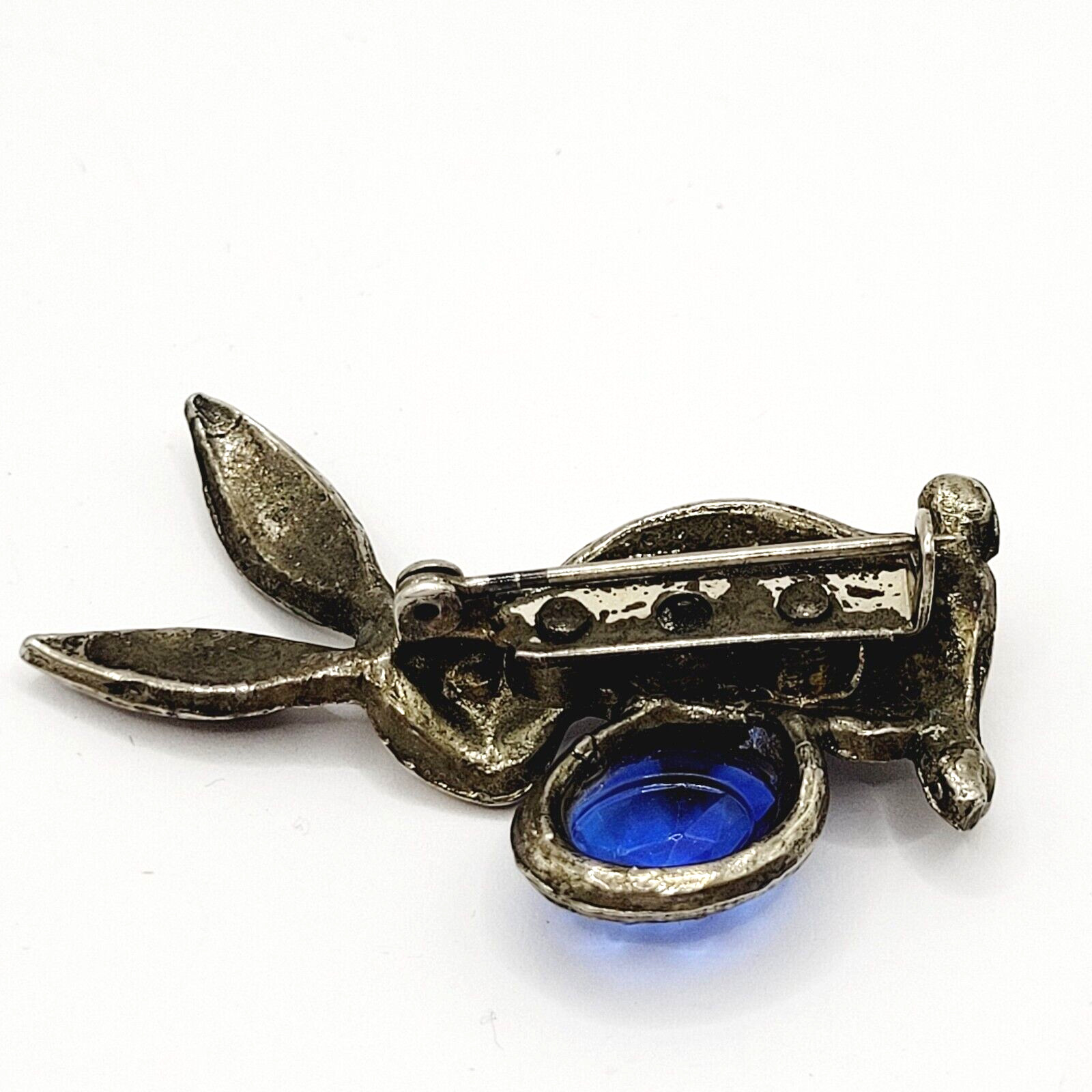Rabbit Bunny Holding Blue Faceted Egg Silver Tone Vintage Brooch Pin Distressed