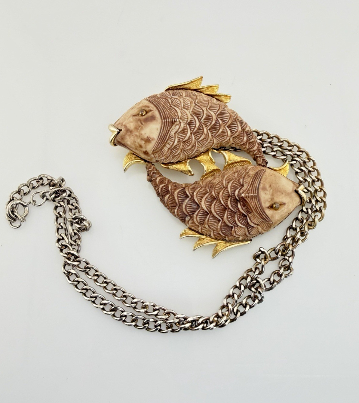 Vintage Razza Double Fish Necklace Carved Resin Faux Bone Gold Tone Large Pisces