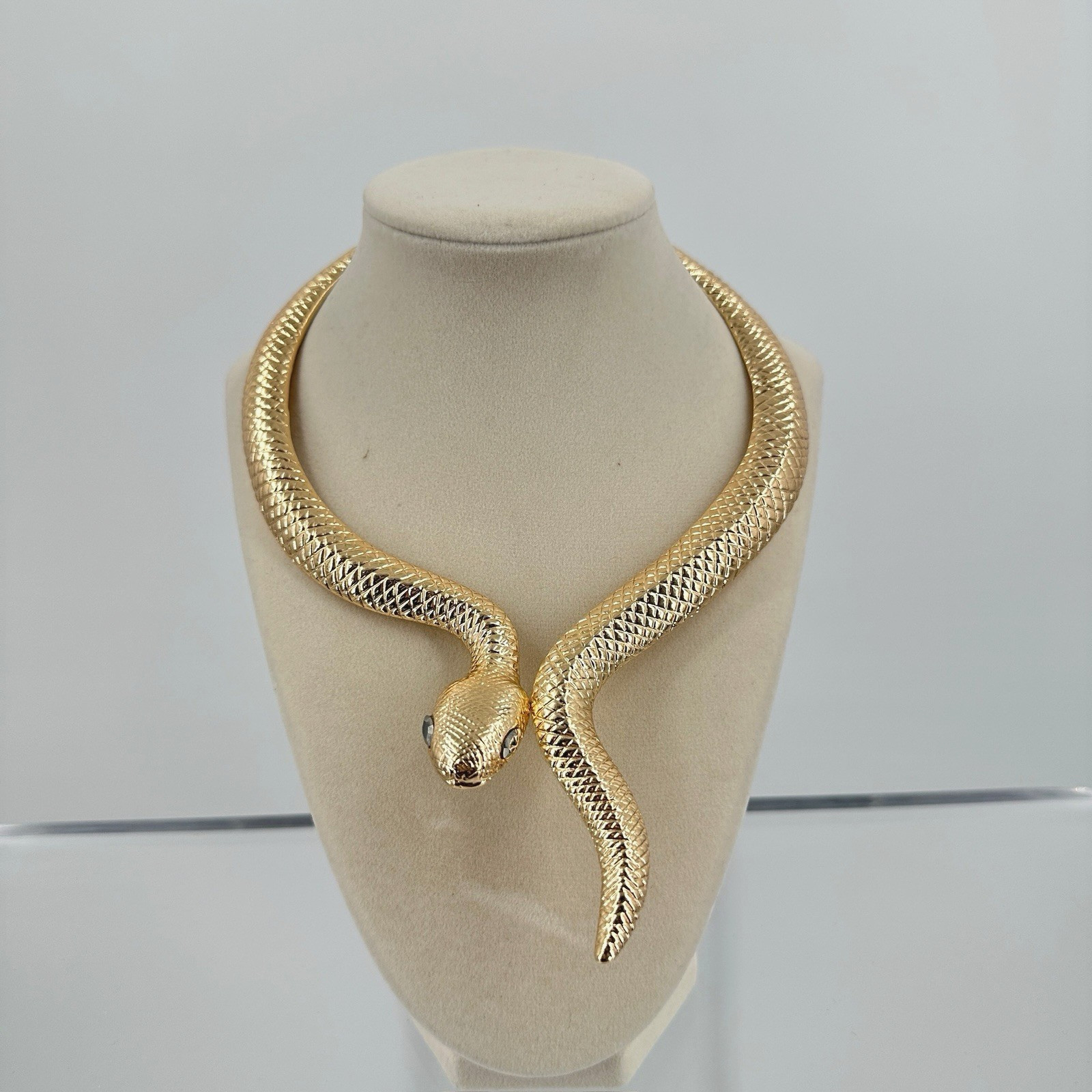 Vtg Snake Choker Necklace Black Eyes Gold Tone Rhinestone Egyptian Revival