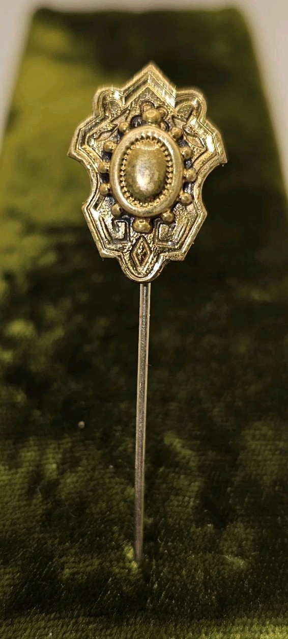 Antique Victorian Gold Plated Brass Stylized Shield Tie Stickpin