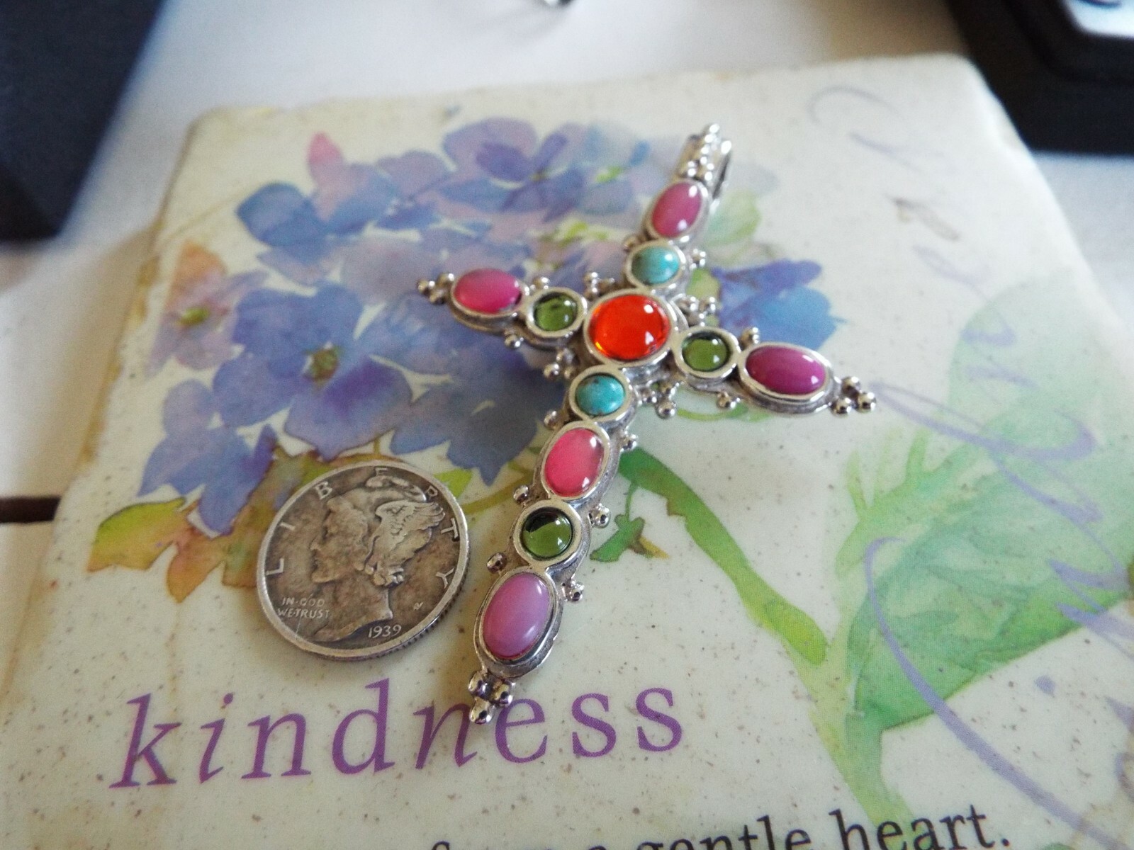 Beautiful large colorful religious cross. Sterling silver 10.9 grams