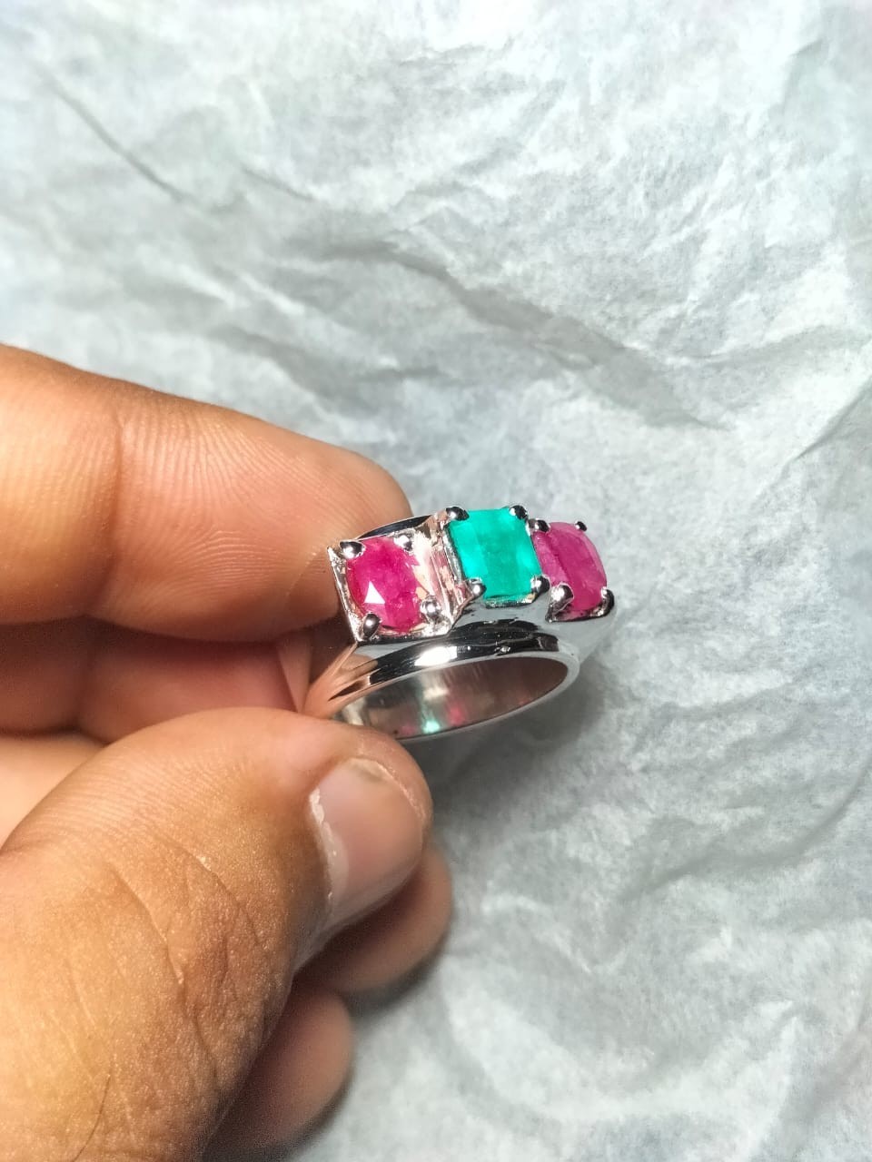 Natural Emerald Stone With Red Ruby Original Ruby Stones Ring Silver Band 925
