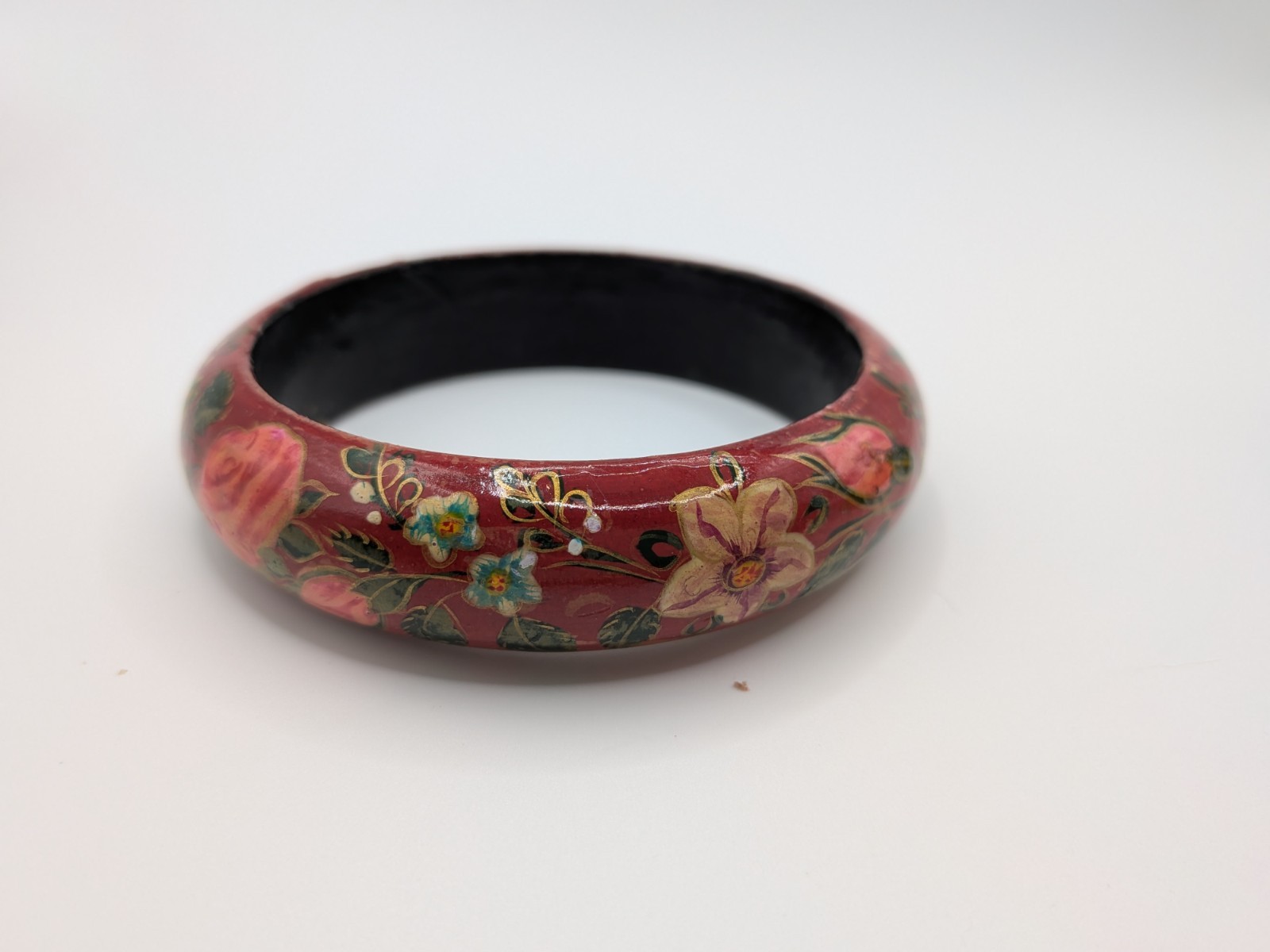 Vintage Russian Style Folk Art Hand Painted Floral Bangle Bracelet Red Laquer