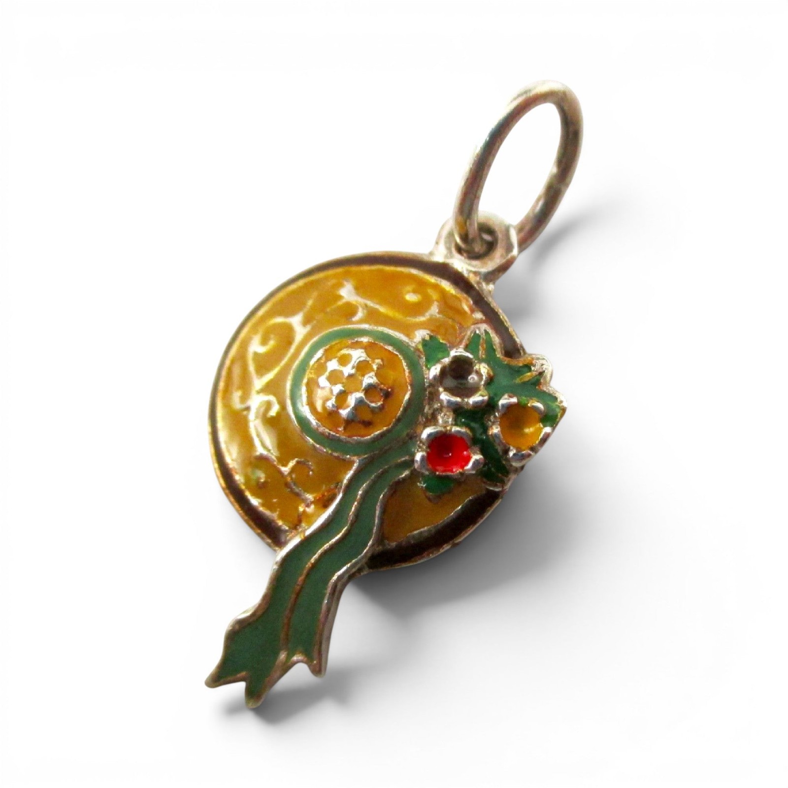 Sterling Silver Enamel Straw Hat Flowers Charm for Bracelet Garden Summer Gift