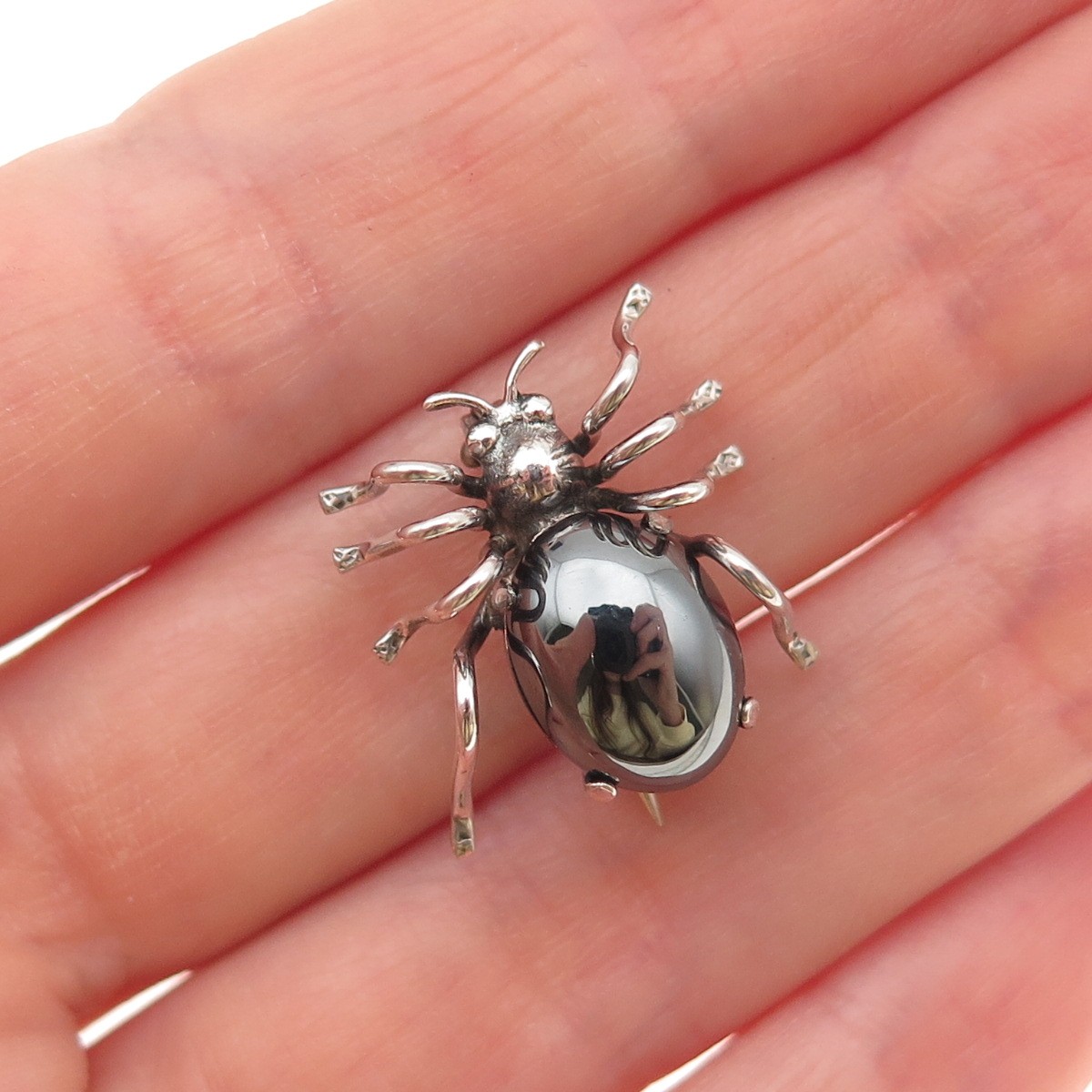 835 Silver Antique Art Deco Real Hematite Spider Oxidized 3D Mini Pin Brooch