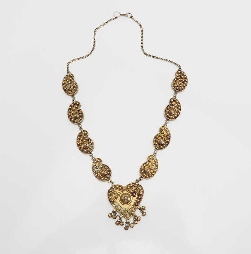 Antique handmade ornate traditional heart gilt silver necklace Middle East