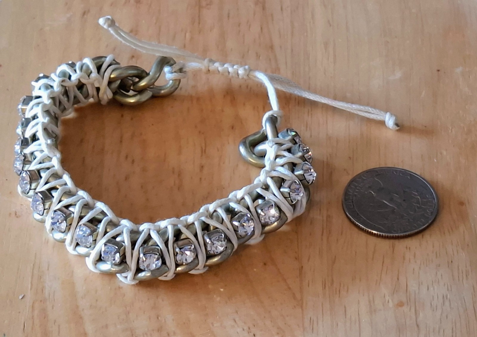 Vintage Jewelry Adjustable Rhinestone Macrame White Cord Silver Tone Bracelet