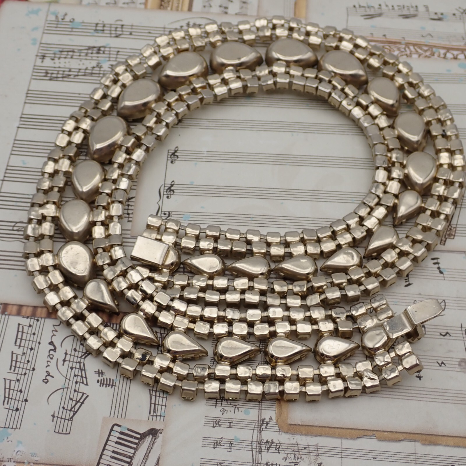 Vintage Statement 5 Row Golden Brown Pear Rhinestone 15″ Gold Tone Necklace