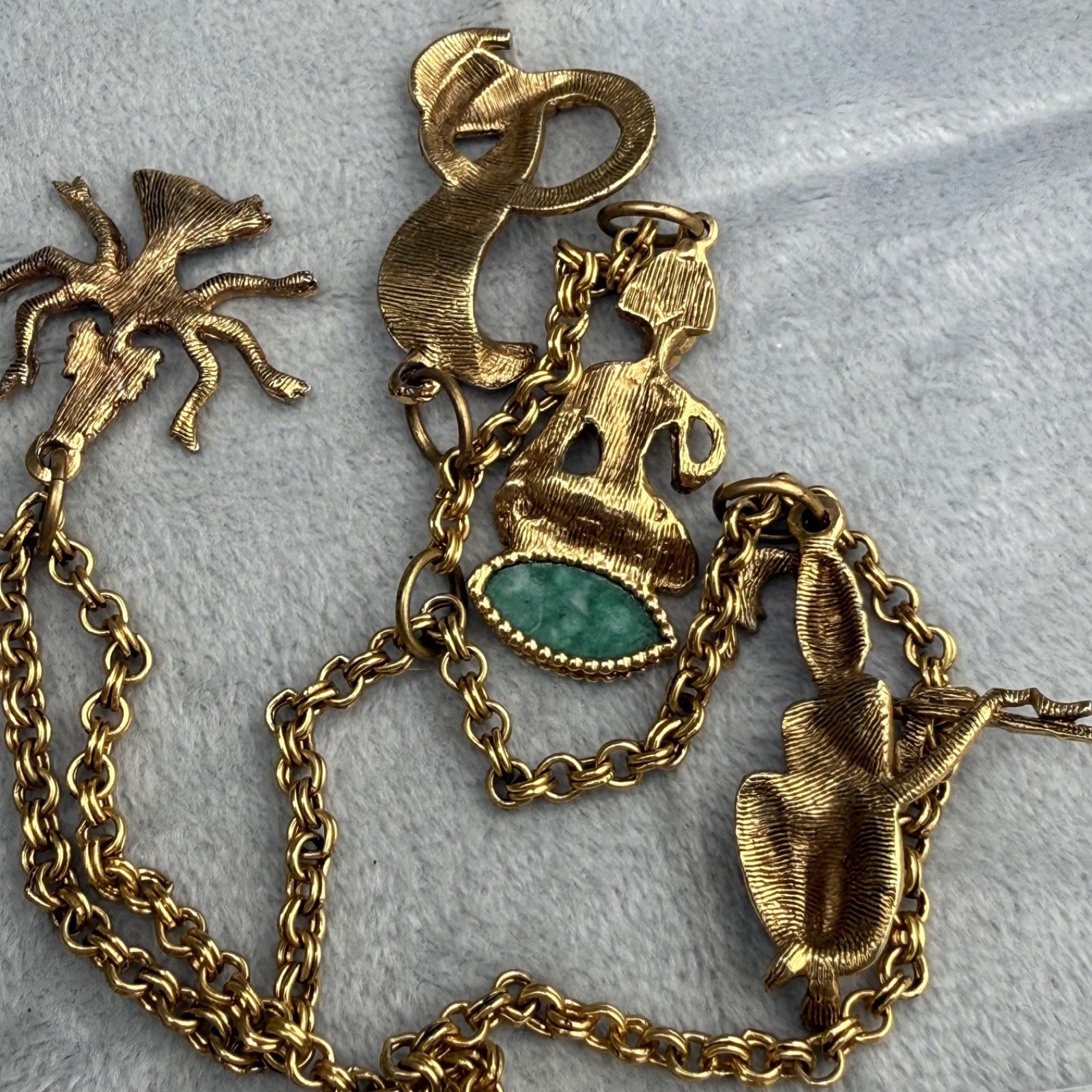 Vintage Asian Charm Necklace Snake Charmer Gold tone 24”