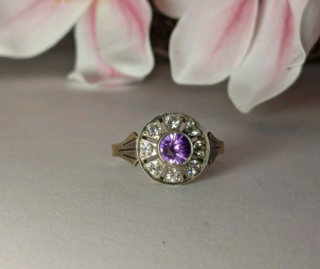 Vintage Soviet silver ring, 875 silver, purple stone with zircons, size 8.5