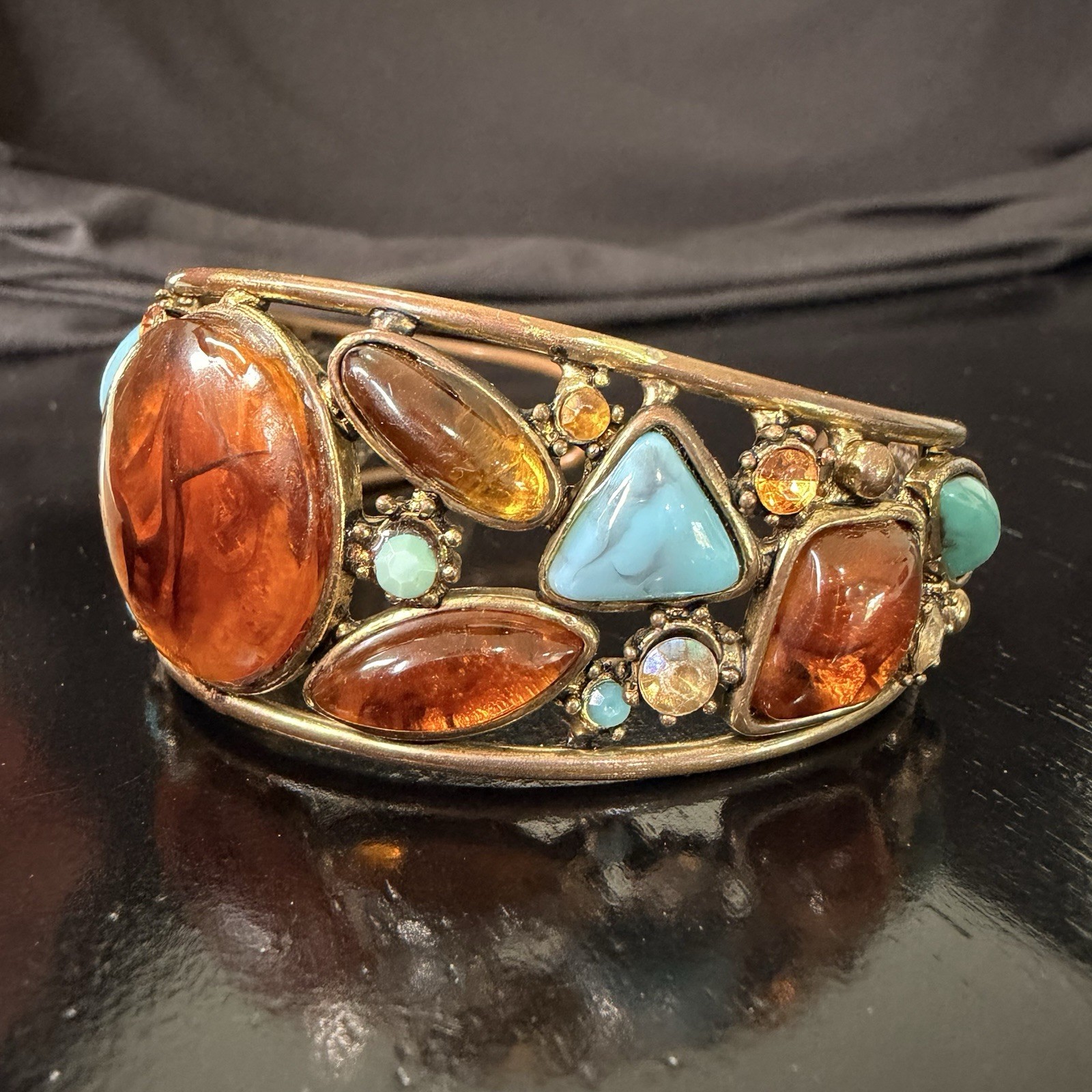 Vintage Amber Lucite Cabochon Cuff Bracelet Turquoise Glass Boho Statement 8in