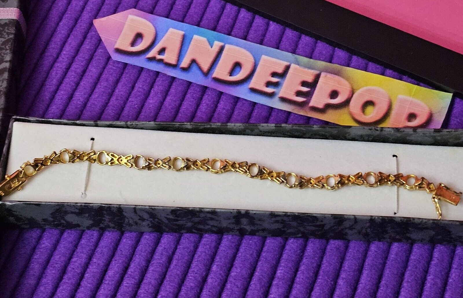 Vintage Retro 925 Gold OBJ XOXO Hugs Kisses Love Gemstone Bracelet Jewelry