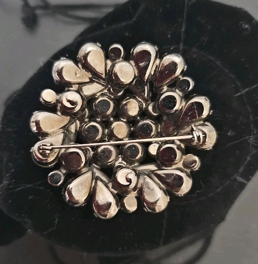 Dome Moonstone Brooch Elevated Glass Cabochon Rhinestone Pin Rhodium Plated