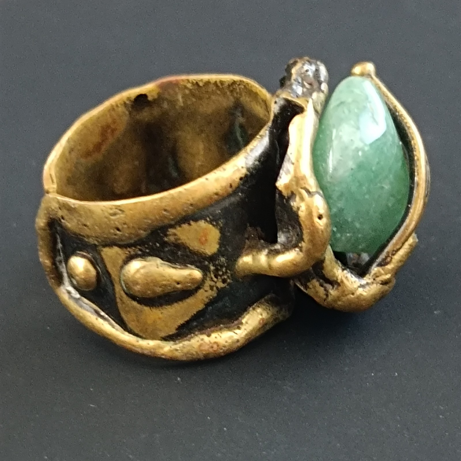 Brutalist Boho Ring Green Stone Organic Art Nouveau Revival Adjustable Statement
