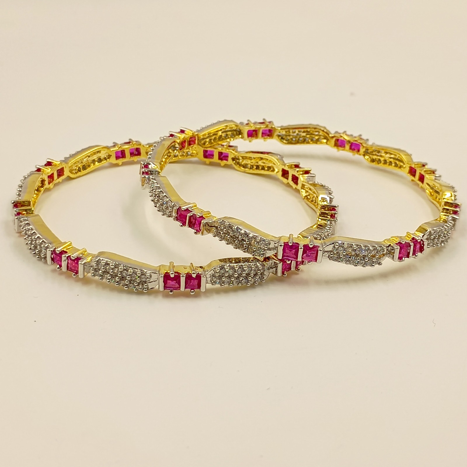 Designer Ruby & Cubic Zirconia Bangle Set Handmade 22K Gold Plated Ethnic Style