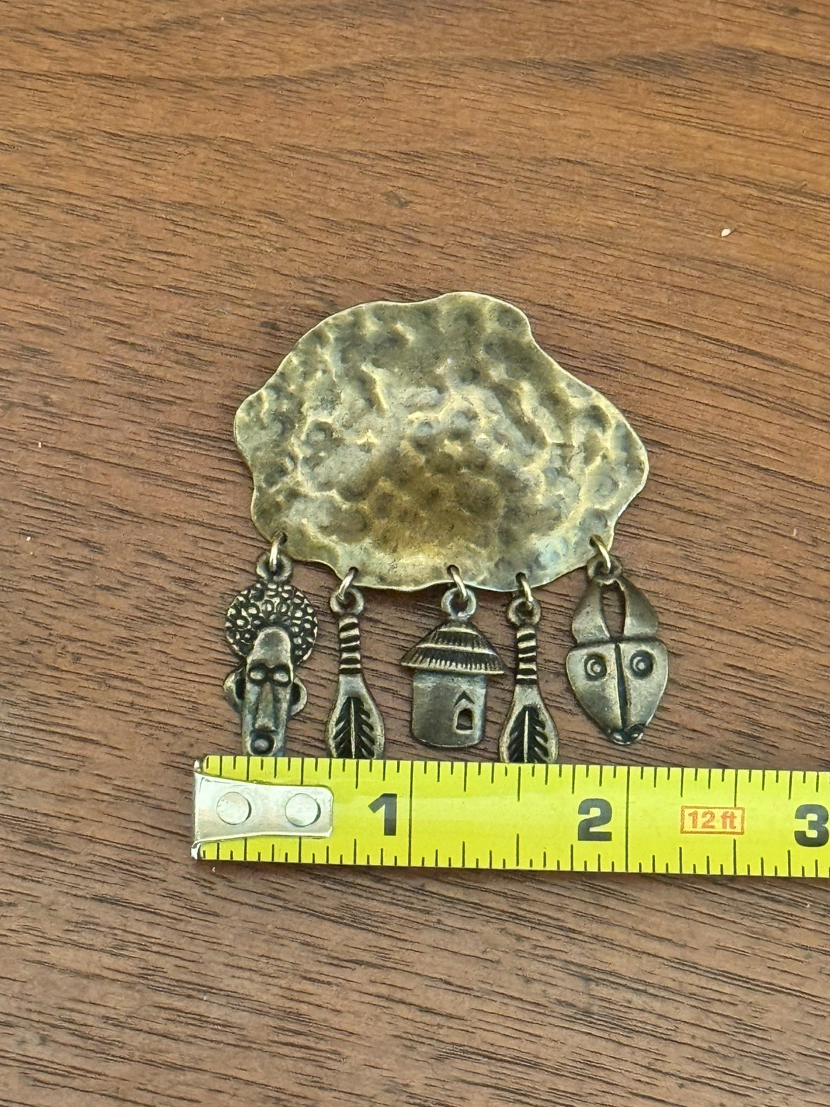 Vintage Hammered Metal Primitive African Charm Brooch And Earrings Set As Is