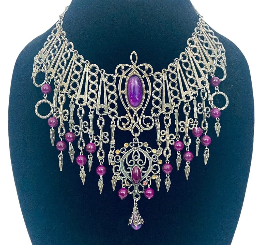 Vintage French DLH DEPOSE Necklace Bib Statement Pewter Purple 14.5″ Costume
