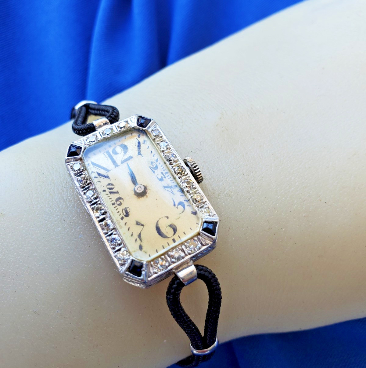 Original EARTH MINED DIAMOND Deco Sapphire Watch Antique PLATINUM Statement 1920