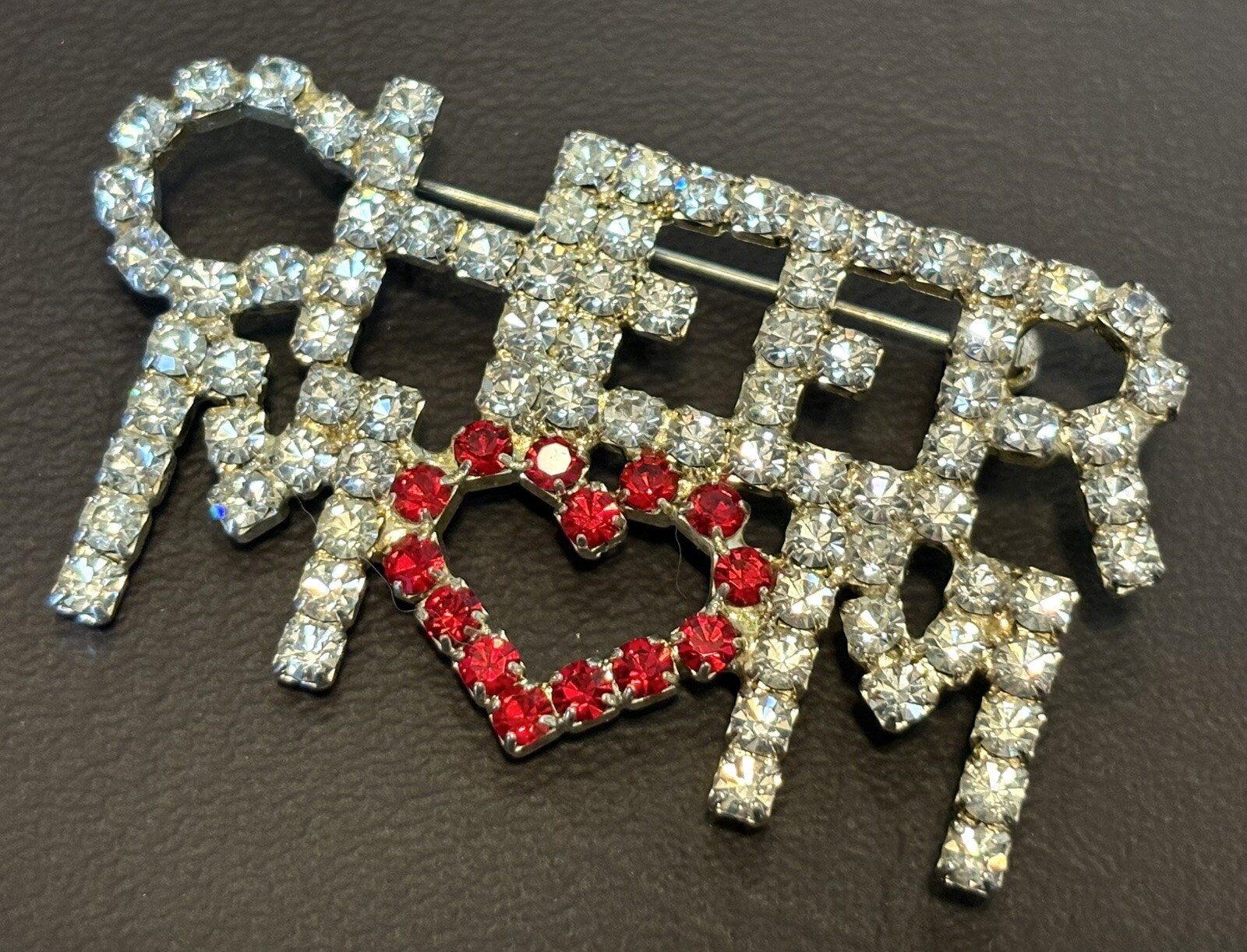 CHEER MOM SILVER TONE CLEAR RHINESTONES Statement RED HEART LARGE