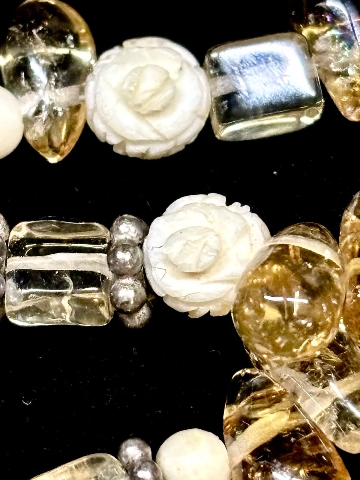 Vintage Citrine 925 SS Spacers & Filigree Clasp Carved Rose Cluster Bracelet 6.5