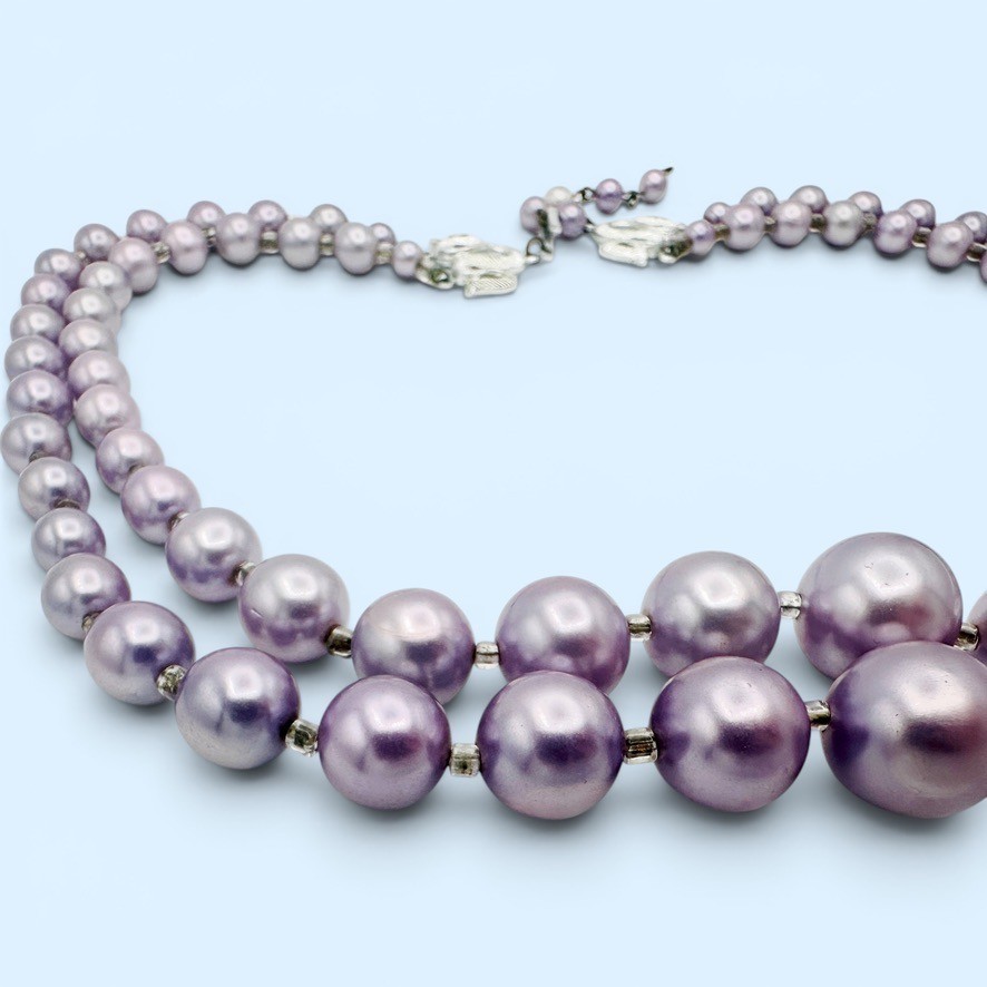 VTG Japan Lavender Purple Double Strand Beaded Necklace Graduated Faux Pearl